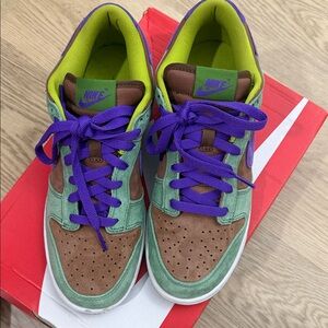 Nike Green and Brown Sneakers with Purple Accents Dunks